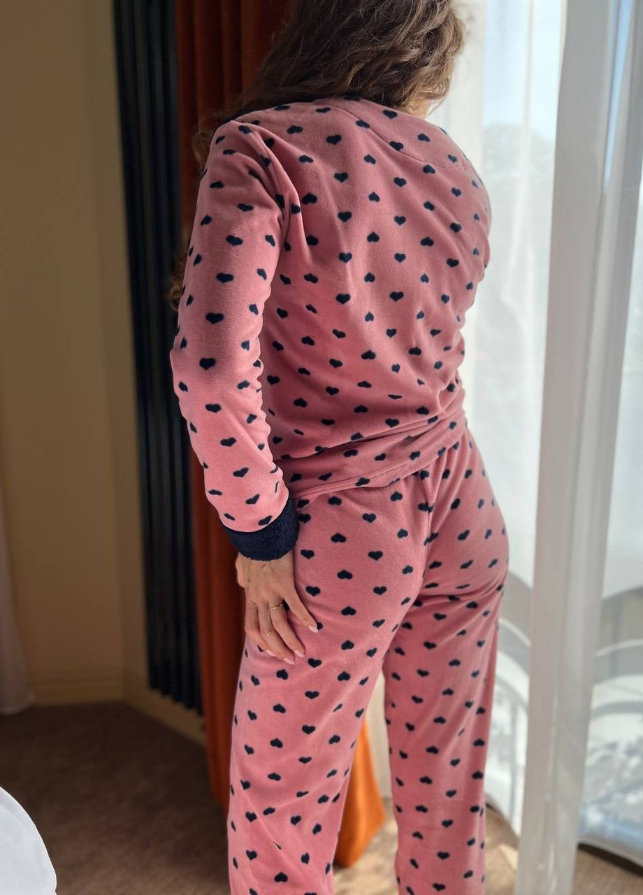 Розовая женская теплая махровая пижама кофта + брюки No Brand Піжама