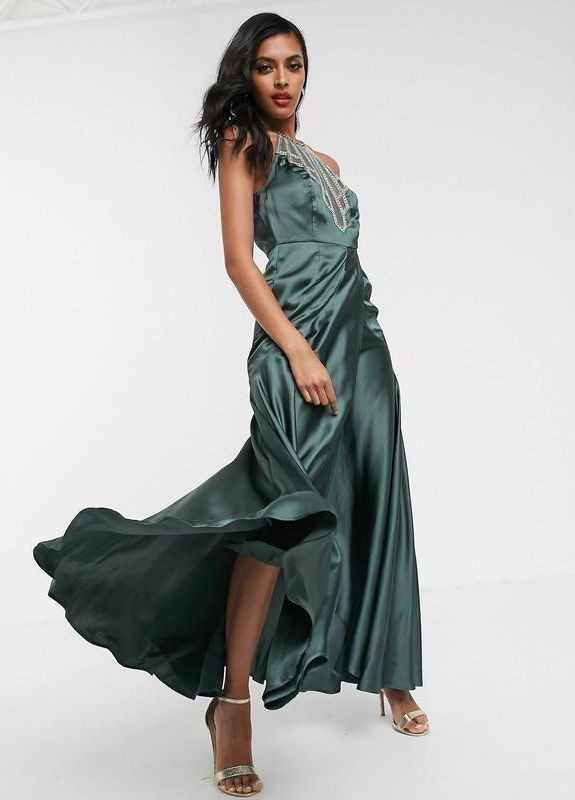 Темно-зелена святковий, вечірня атласне плаття з обробкою камінням Asos