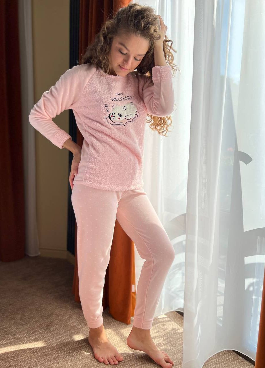 Светло-розовая зимняя нежная пижамка-костюм кофта + брюки Vakko