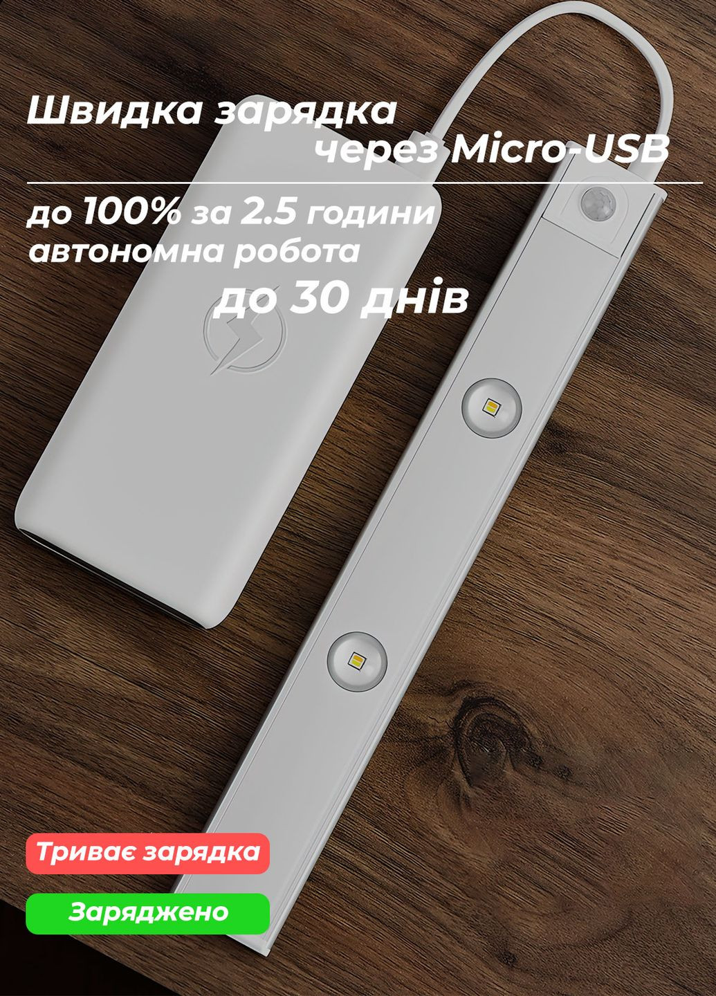 Світлодіодна лампа з акумулятором / led світильник з датчиком руху для кухні, ванної кімнати 40см 8801 Білий 65869 OnePro (268128365)