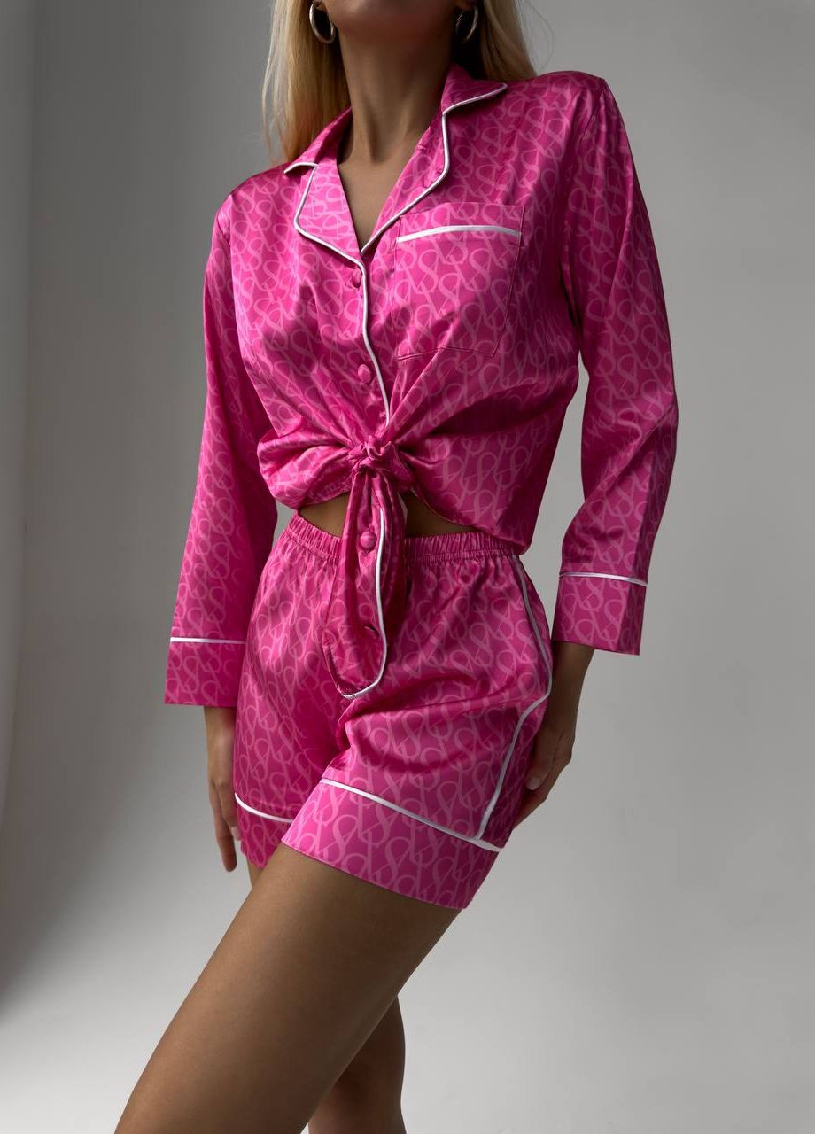 Розовая всесезон стильна піжамка з лого victoria's secret шортиками рубашка + шорты Vakko
