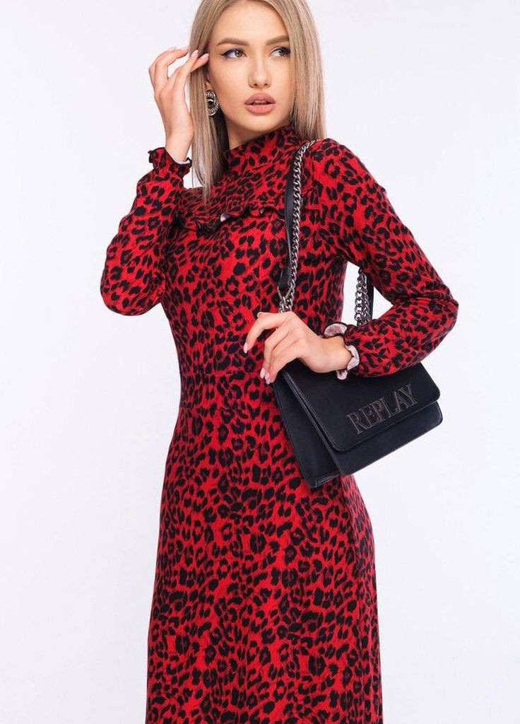 Красное вечернее платье женское красного цвета с леопардовым принтом а-силуэт Let's Shop леопардовый