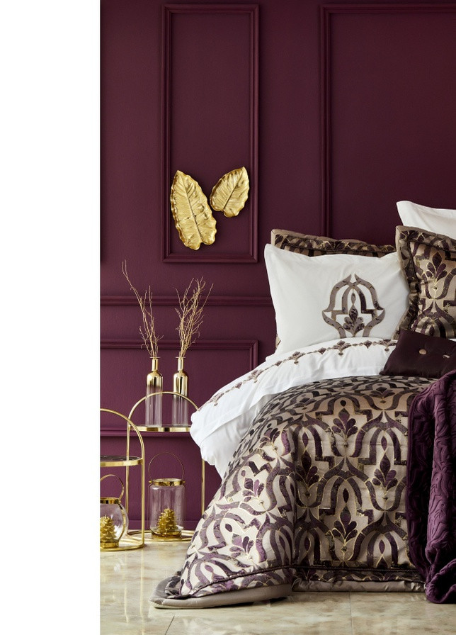 Набір постільна білизна з ковдрою + плед - Morocco purple-gold золотий євро Karaca Home (258186441)