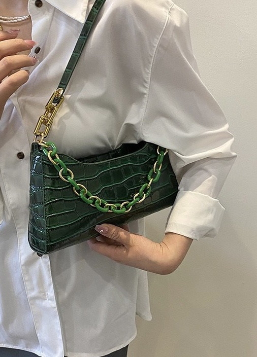 Женская маленькая сумка рептилия багет крокодиловая кожа зеленая No Brand (259471131)