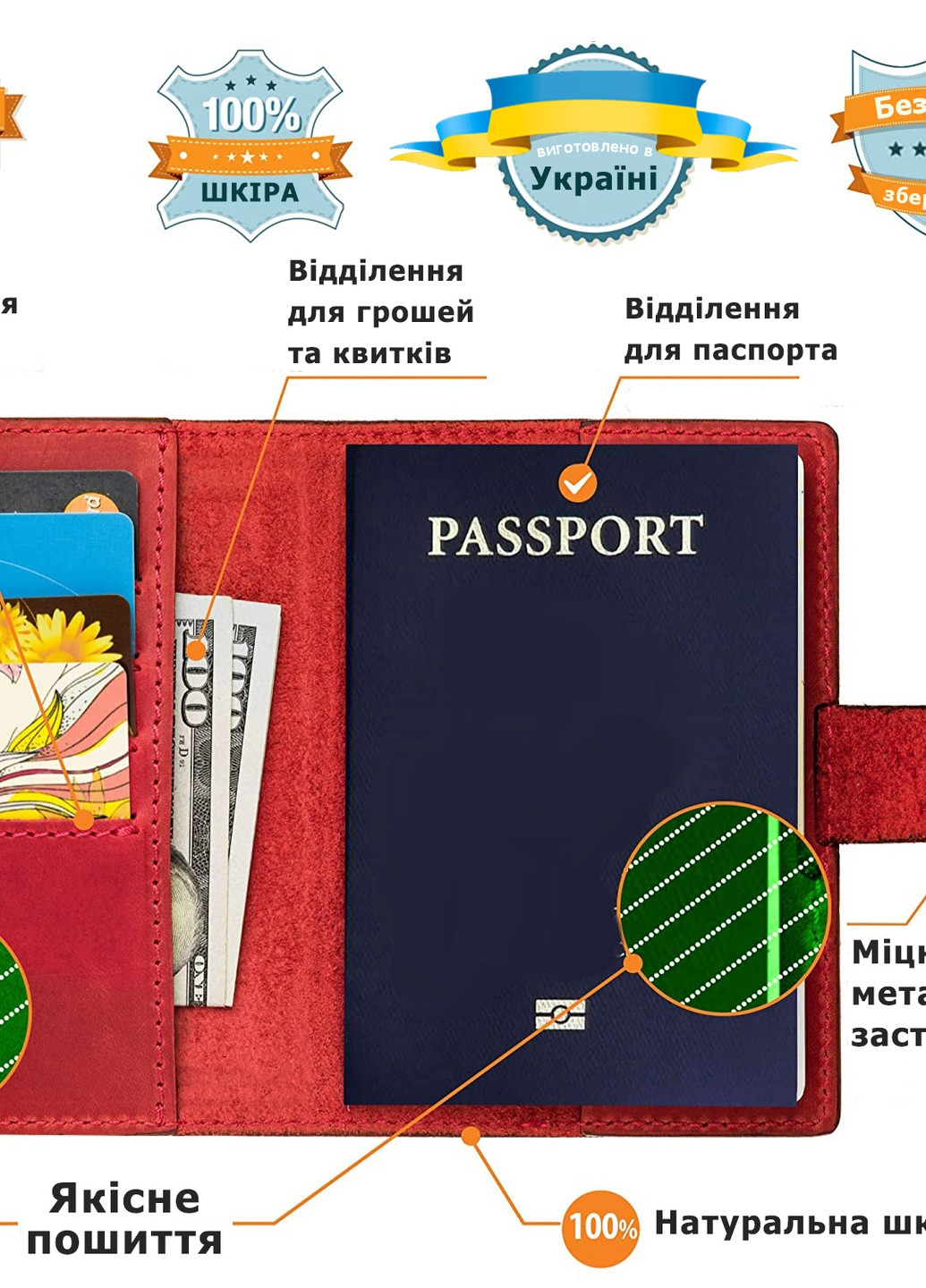 Кожаная обложка для паспорта Villini 001 американская роза красный Martec (258925338)