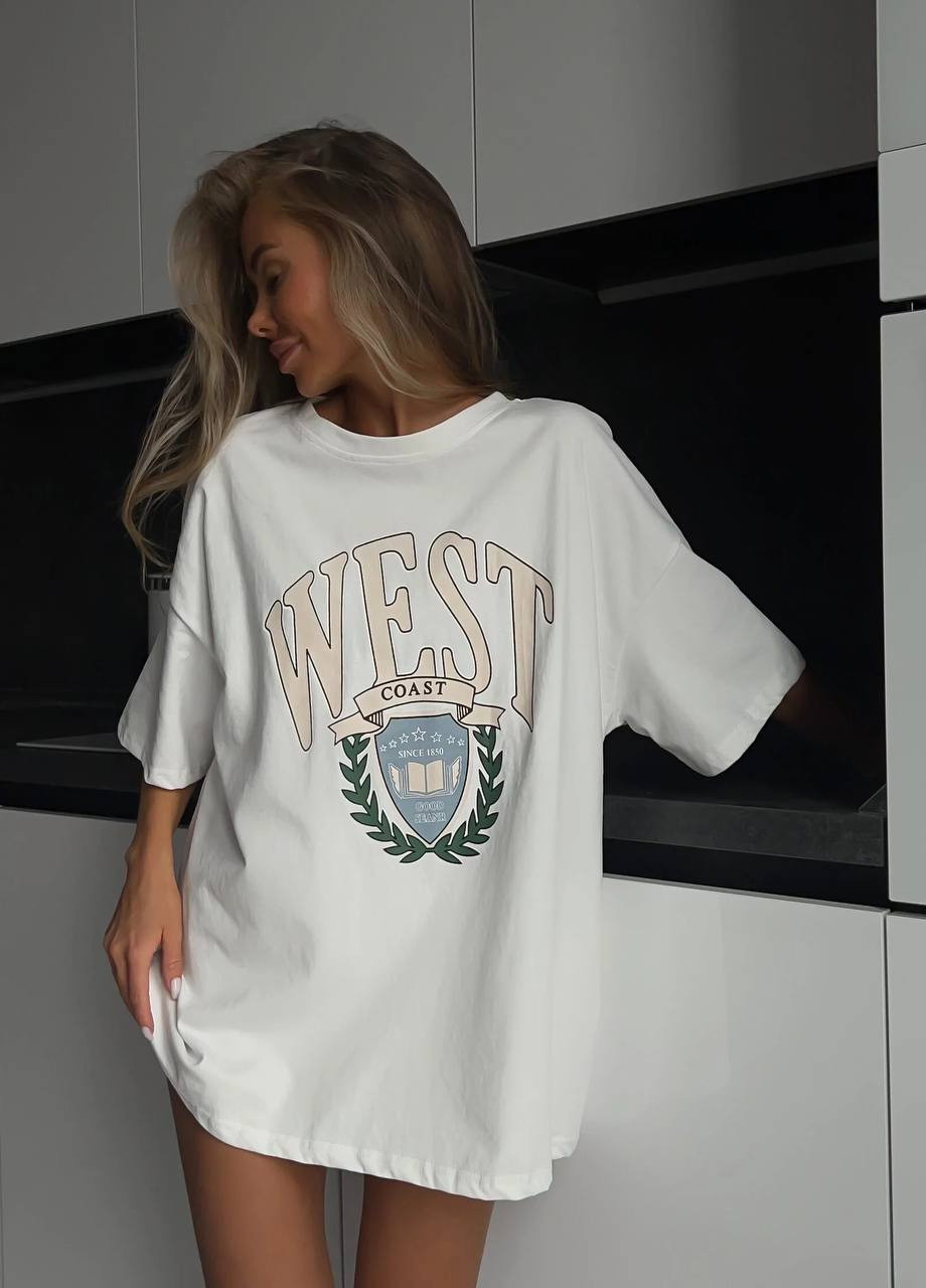 Белая летняя стильная женская оверсайз футболка с надписью на груди, модная женская футболка на выход белая с длинным рукавом ViDi 3170