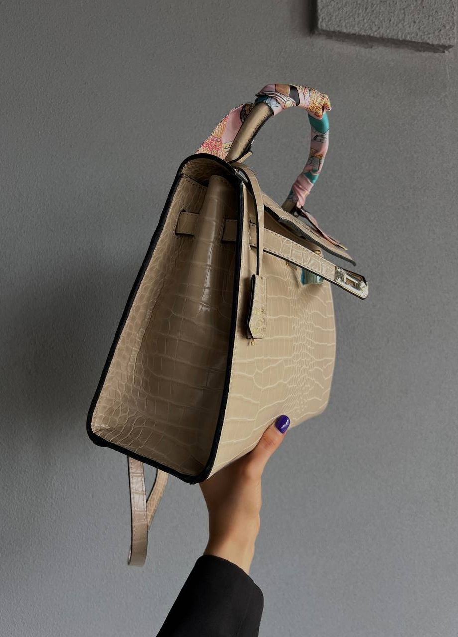 Стильна класична сумка з лого Hermes Kelly Bag Croco Beige Vakko (260329399)