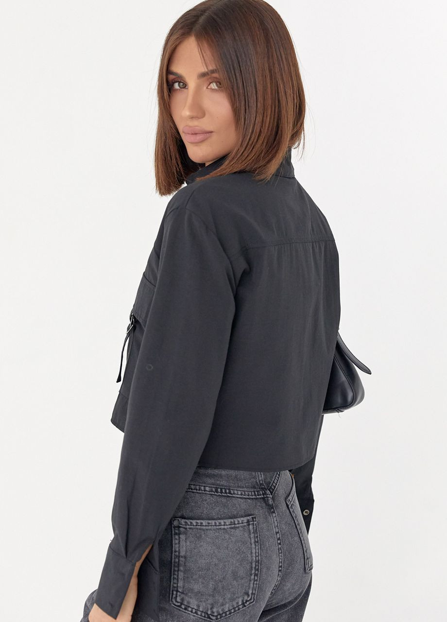 Укорочена жіноча сорочка з накладною кишенею - чорна Lurex (277358351)