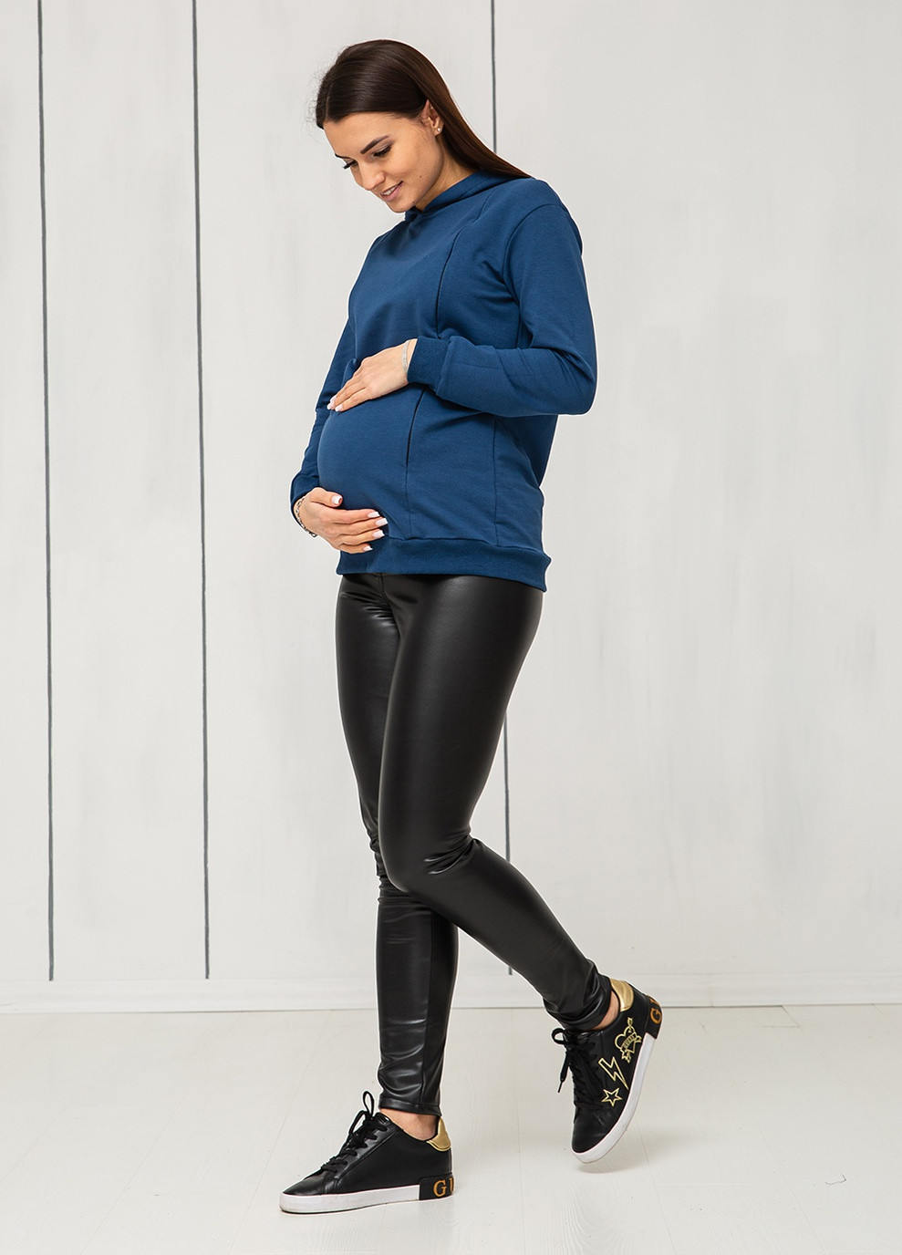 Черные зимние лосины леггинсы для беременных с широким бандажным поясом Матуся