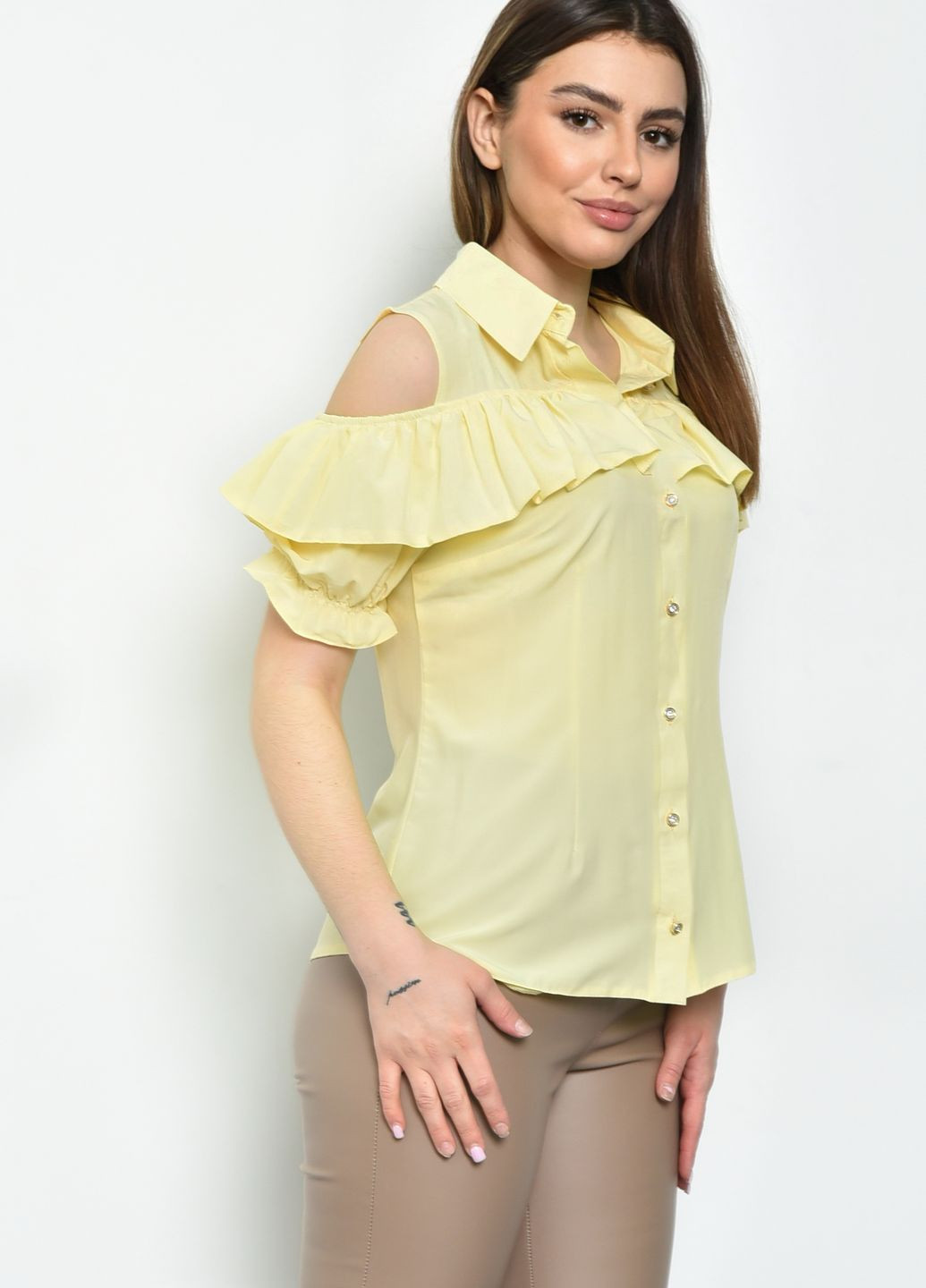 Жовта блуза жіноча однотонна лимонного кольору з баскою Let's Shop