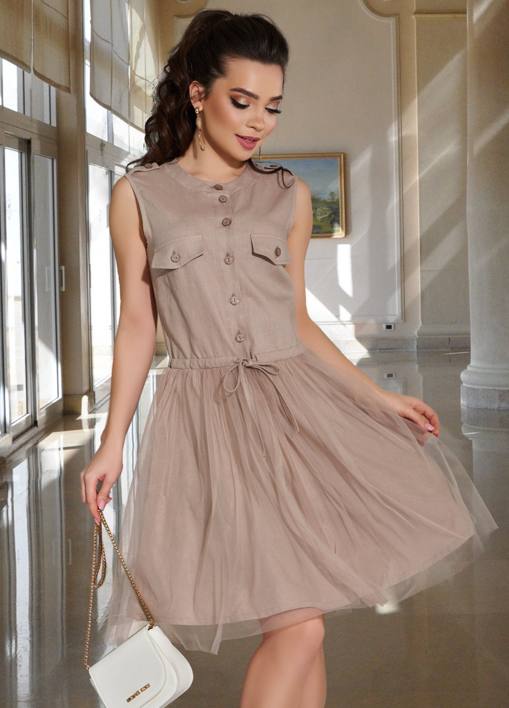 Бежева сукнi норма льняна сукня з подвійною спідничкою (ут000055719) Lemanta