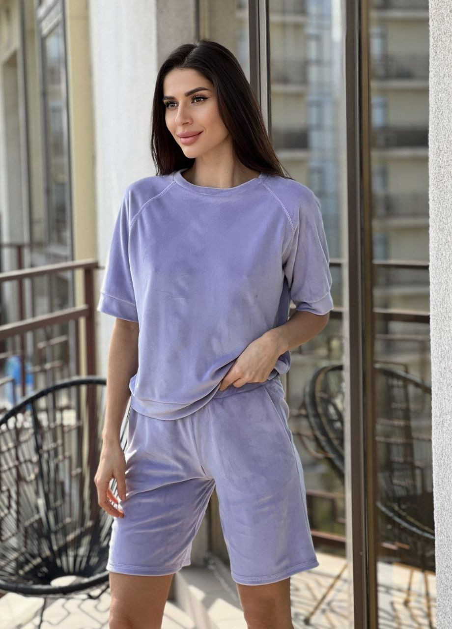 Сиреневая всесезон пижама велюровая шорты с кофтой футболка + шорты JULIA
