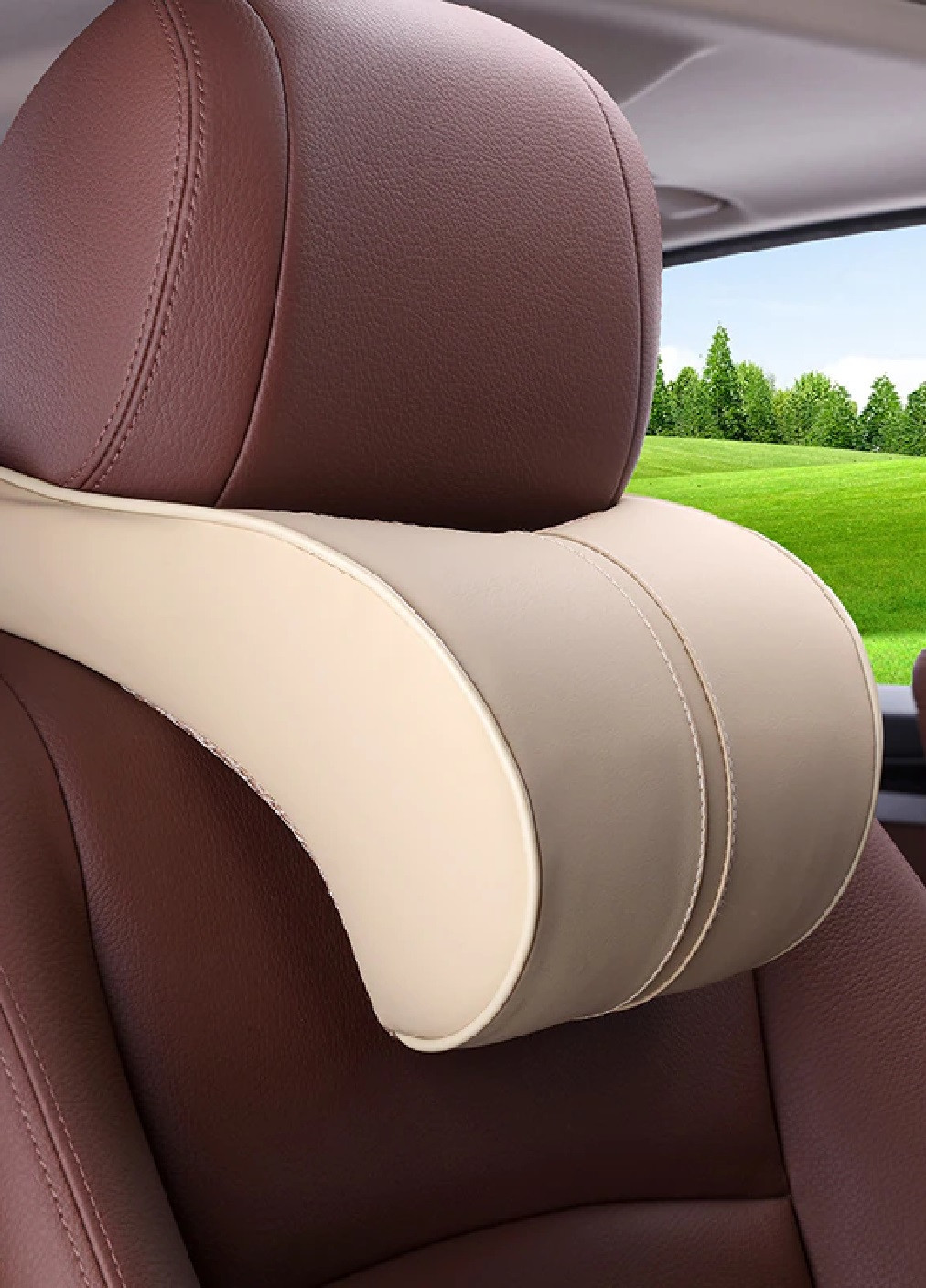 Подушка автомобильная под шею спину на подголовник для автокресла в машину с эффектом памяти 26х18х10 см (474984-Prob) Бежевая Unbranded (260601380)