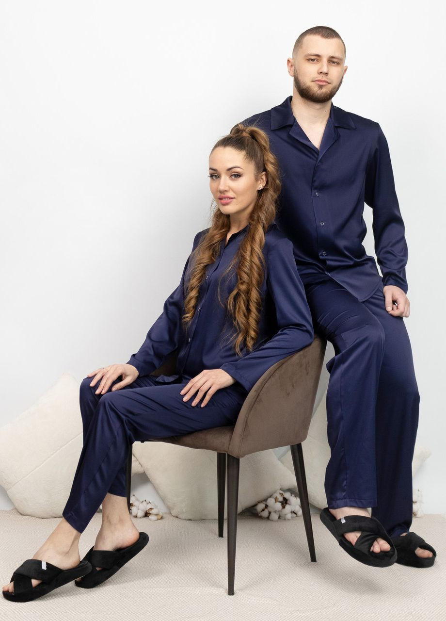 Піжама костюм чоловічий домашній шовковий сорочка зі штанами Темно-синій Maybel (276838404)