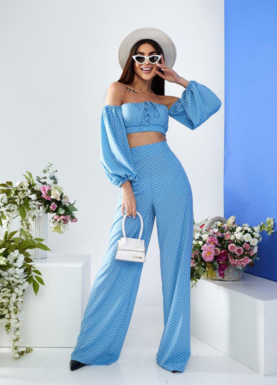 Женский костюм топ и брюки палаццо голубого цвета р.L 387293 New Trend (257627633)