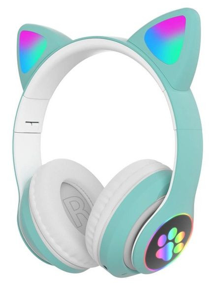 Бездротові дитячі MP3 Навушники з котячими Вушками з підсвіткою з MicroSD з FM-Радіо Cat Ear STN-28 Bluetooth Зелені No Brand (277815369)