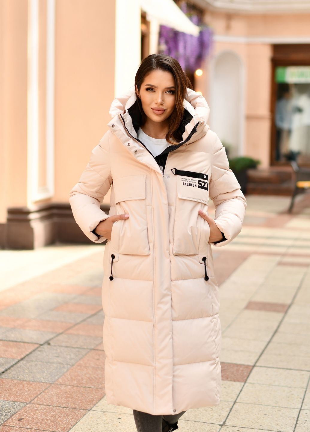 Молочная зимняя женское длинное пальто 77142 Hadavoee