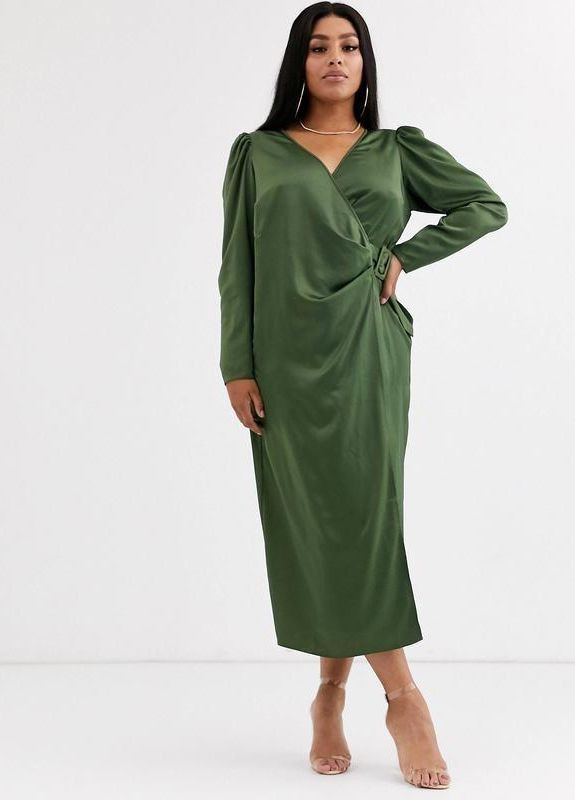 Оливковое (хаки) атласное платье макси с запахом и ремнем curve Asos