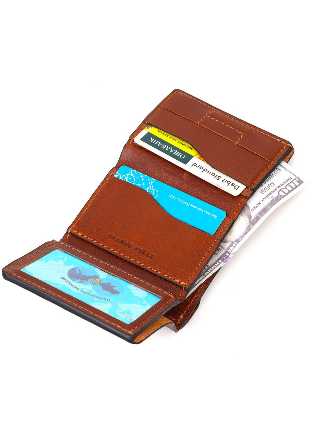 Стильний чоловічий гаманець у три складання 16786 Коричневий Grande Pelle (260359856)