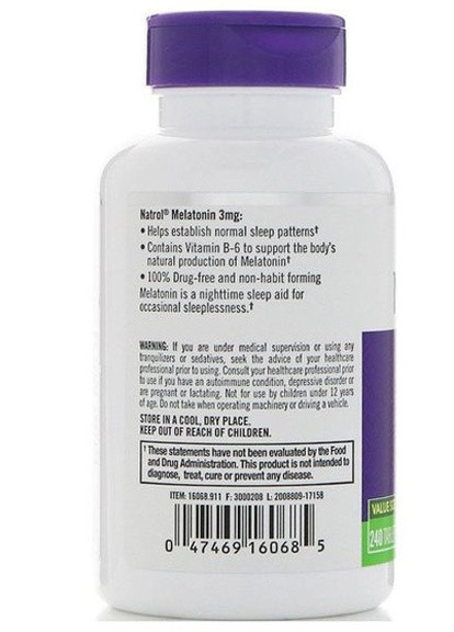Melatonin 3 mg 240 Tabs NTL-16068 Natrol (256725408)