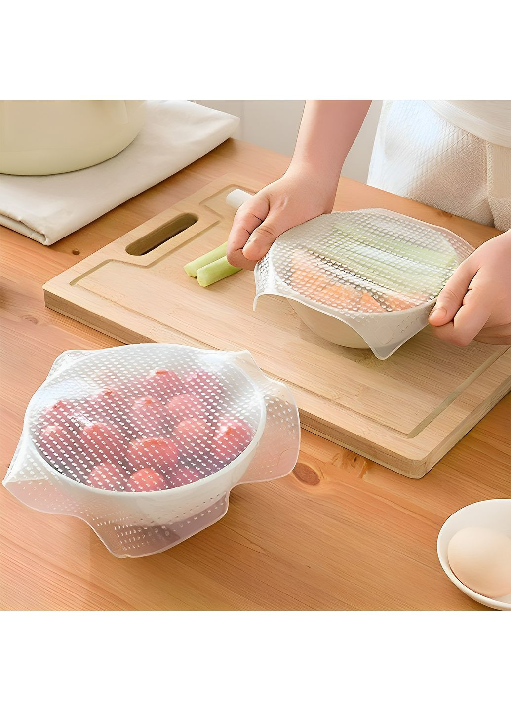 Набор силиконовых многоразовых крышек-пленок для хранения продуктов в холодильнике чехол на тарелку (4 шт.) Kitchen Master (263352442)
