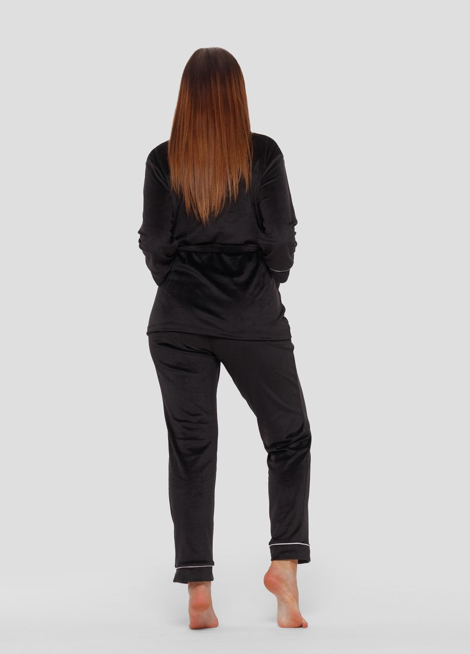 Черная всесезон пижама костюм домашний велюровый халат со штанами черный Maybel