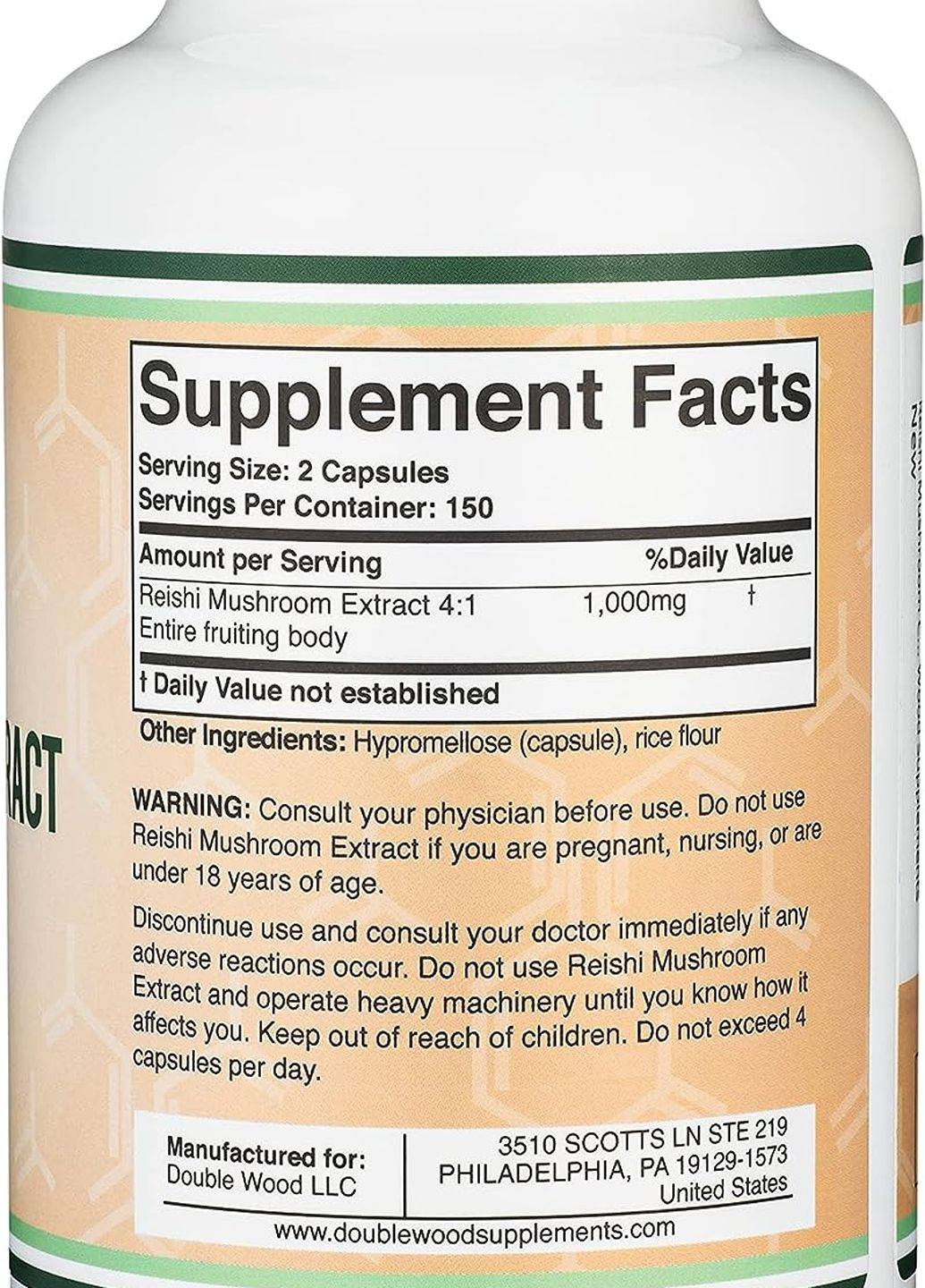Екстракт гриба рейші Reishi Mushroom Extract 1000 mg 300 capsules Double Wood Supplements (261765763)
