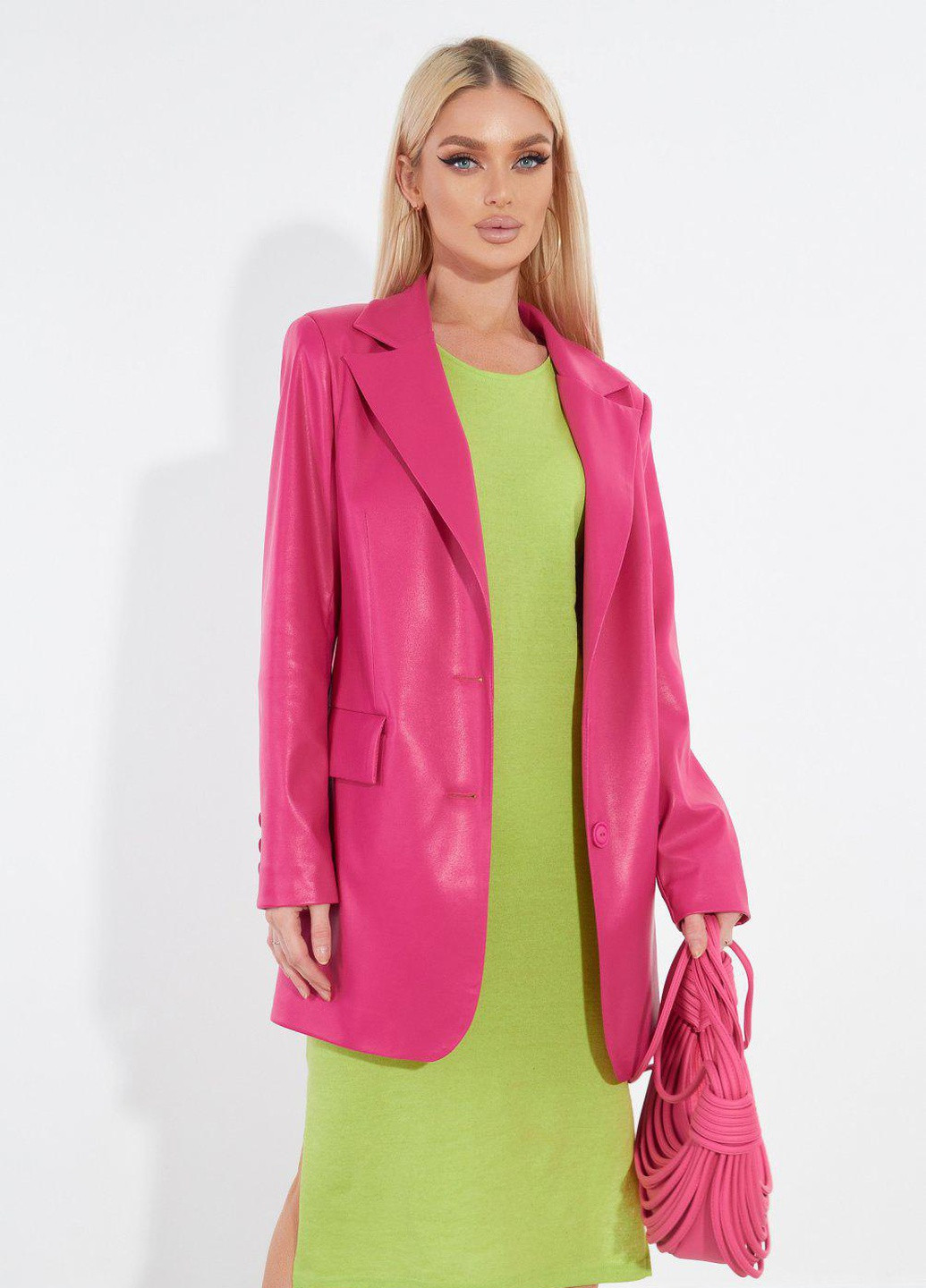 Розовый женский жіночий верхній одяг подовжений шкіряний піджак (5361)19941-8 Lemanta -