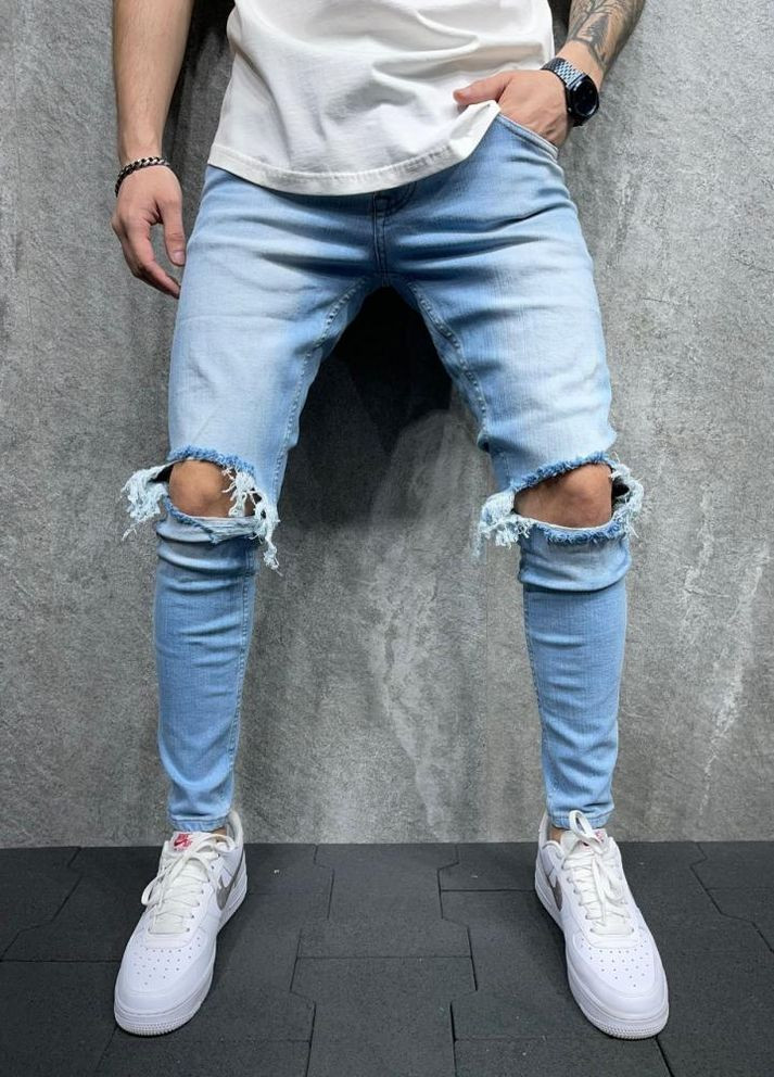 Блакитні рвані завужені чоловічі джинси No Brand (262089447)