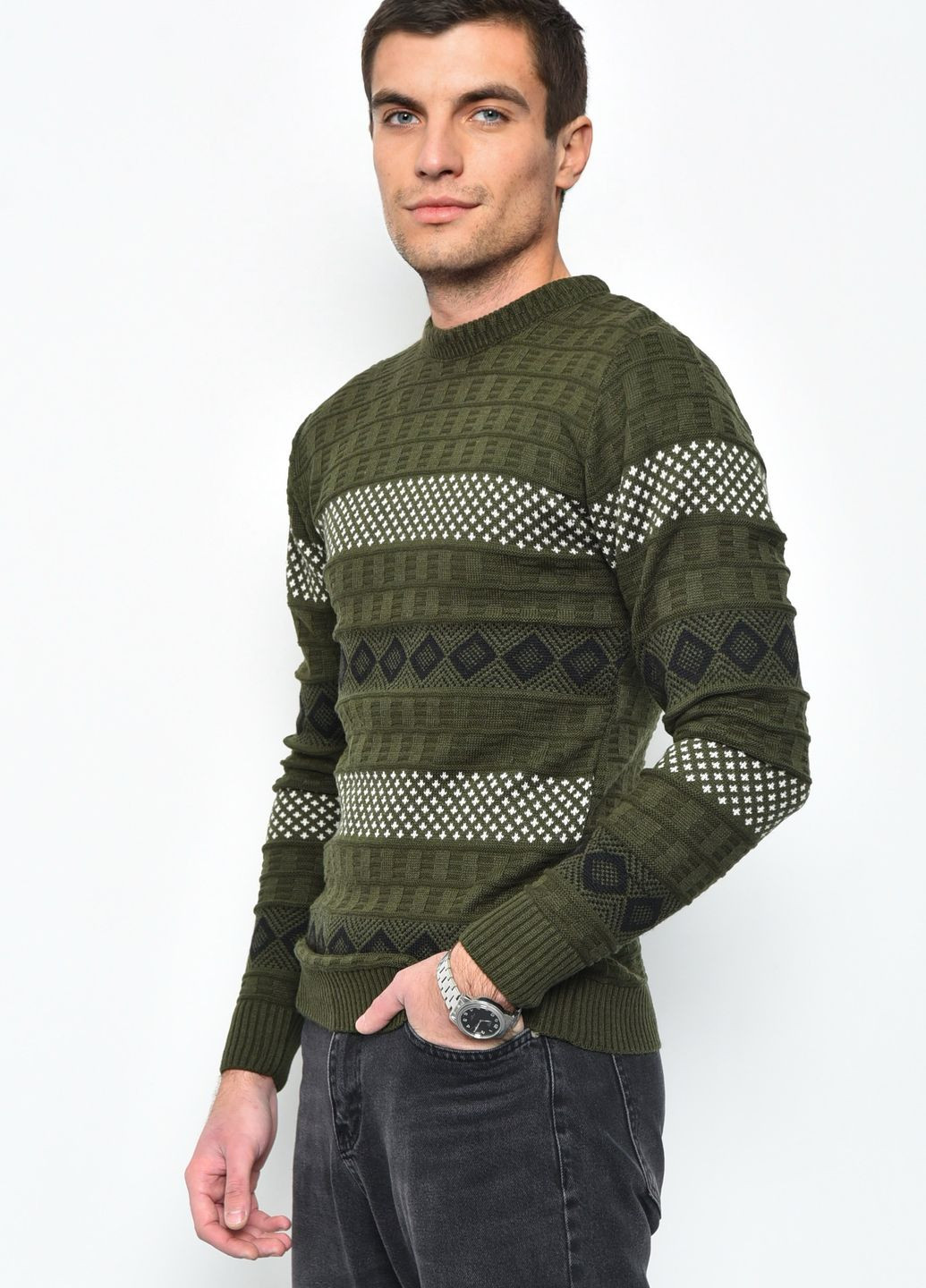 Зелений демісезонний светр чоловічий зеленого кольору акриловий пуловер Let's Shop