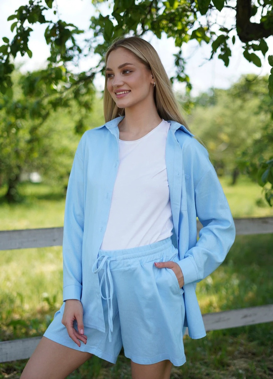 Льняний костюм з шортиками для вагітних і годуючих блакитний з легкої та ніжної тканини To Be (259364706)