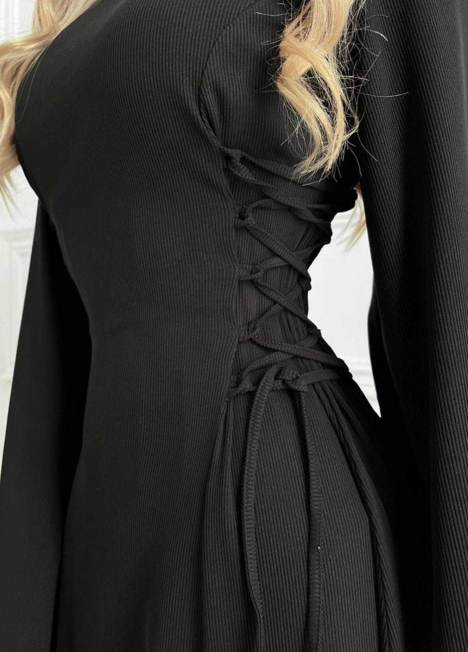 Черное красивое чёрное платье макси с завязками из рубчика мустанг, элегантное длинное чёрное платье No Brand