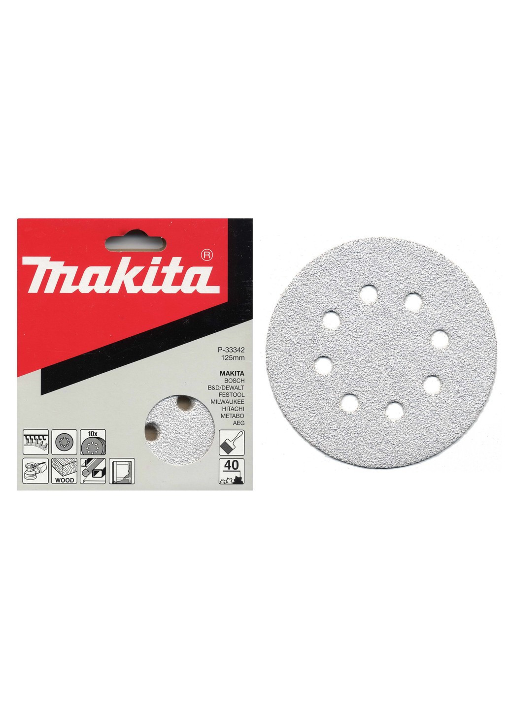 Набор шлифовальной бумаги Ø125 мм К40 (10 шт) P-33342 Makita (264307857)