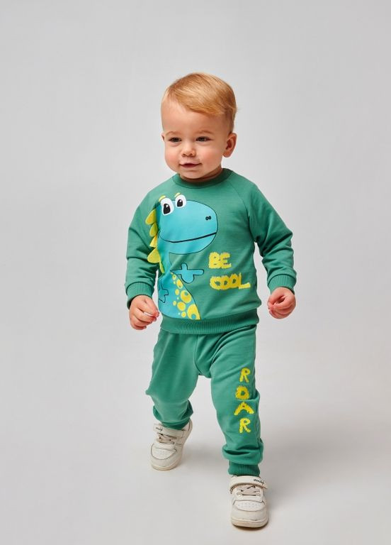 Зеленый детский костюм (кофта + штанишки) | 95% хлопок | демисезон | 80,86 |рисунок веселый дракончик зеленый Smil