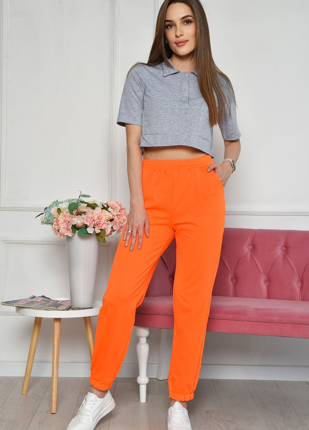 Спортивные штаны женские ярко-оранжевого цвета Let's Shop (260134418)