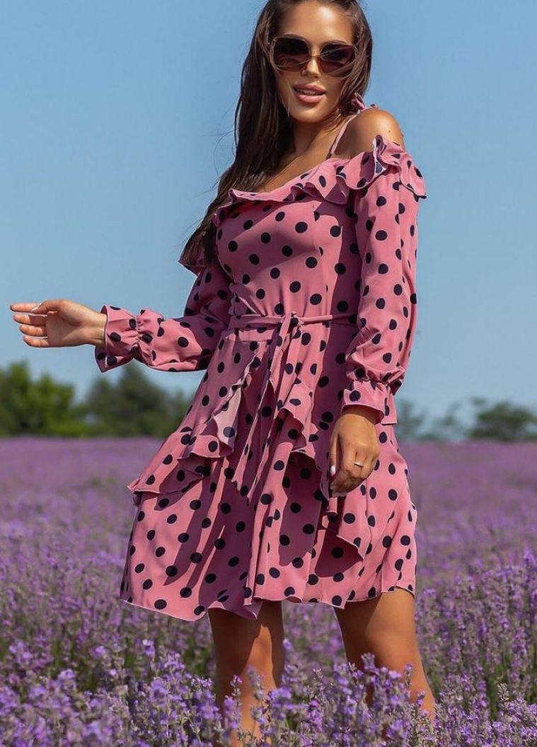Фиолетовое женское платье с поясом цвет лиловый в черный горох р.42/44 437858 New Trend