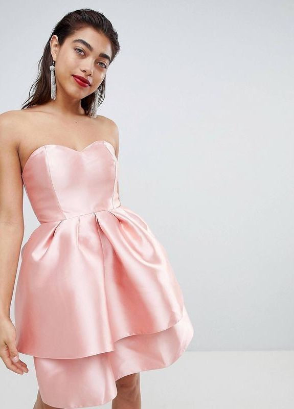 Розовое праздничный, коктейльное, вечернее двухслойное платье мини с бантом бандо design Asos