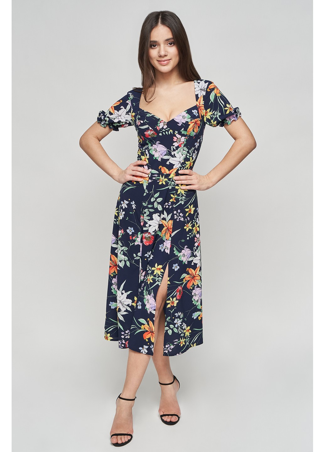 Синее деловое летнее платье глория от BYURSE с цветочным принтом