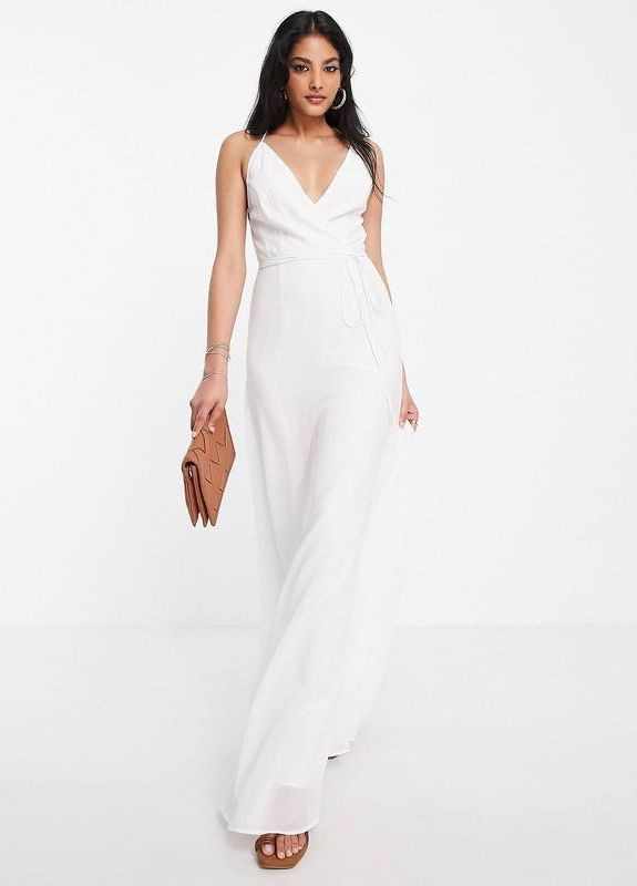Білий святковий, вечірня сукня максі із запахом на бретельках та шнурівкою ззаду design Asos