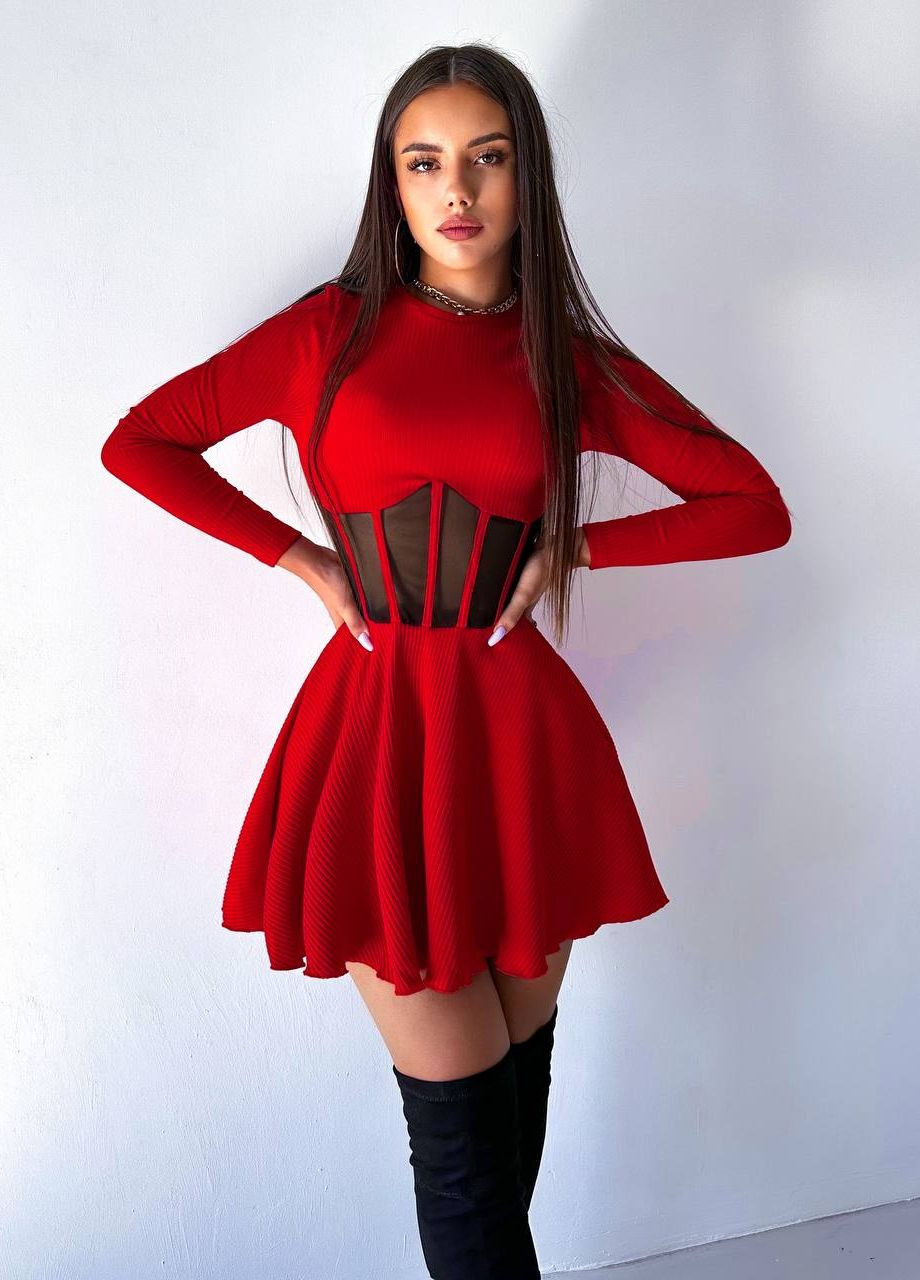 Красное приталенное женское платье мустанг рубчик No Brand