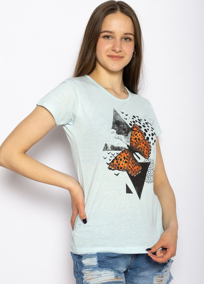 Бесцветная летняя футболка женская с бабочкой (бирюзовый меланж) Time of Style