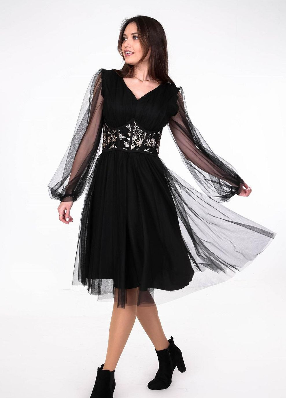 Черное платье нарядное женское 923023 однотонный креп сетка черное Актуаль