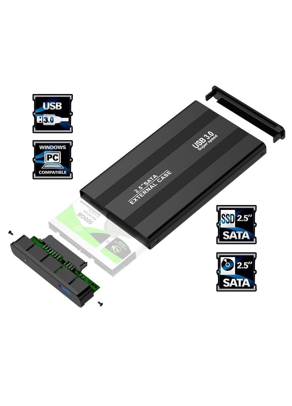 Внешний карман переходник адаптер для USB 3.0 для SSD/HDD диска SATA III 2.5” 127x75x13 мм (474505-Prob) Черный Unbranded (258617383)