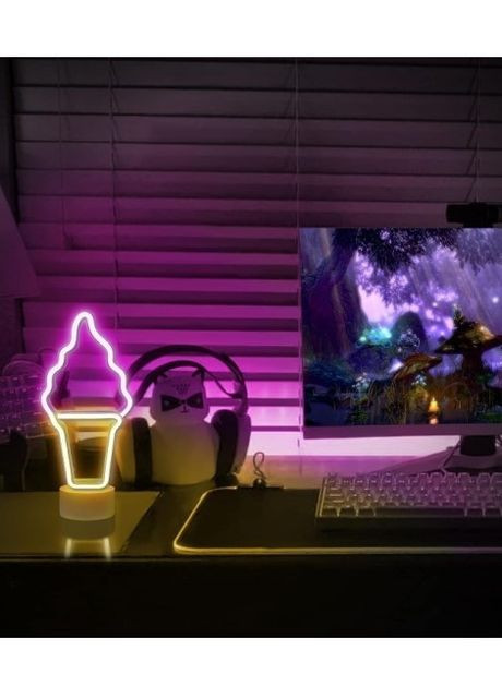 Неоновий нічник - світильник Морозиво - Ріжок Neon Decoration Lamp (28x13x10 см, USB, 3хАА, 5 В, лампа) - Жовто-рожевий China (272155988)