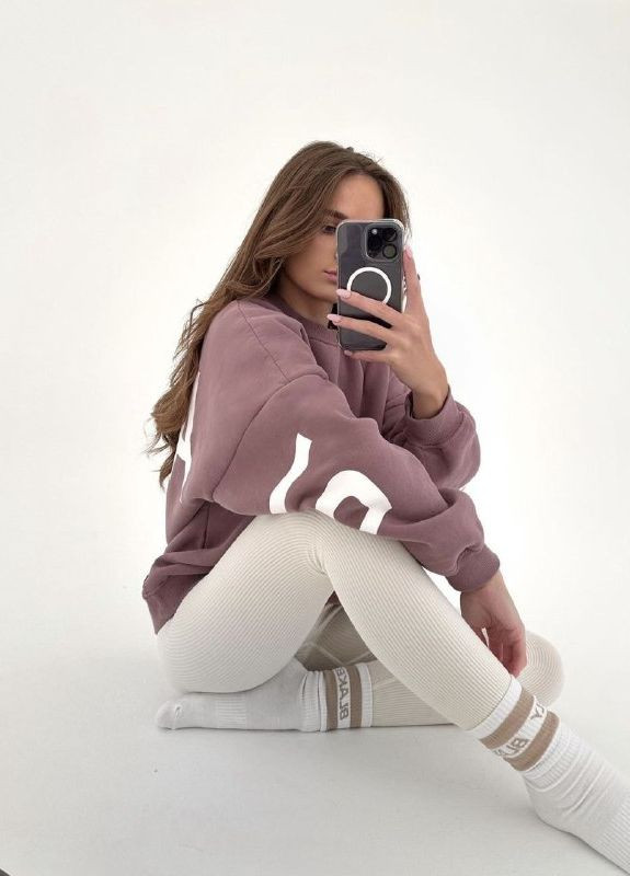 Светло-фиолетовый модный женский свитшот с принтом, стильный теплый свитшот с манжетами из тринитки на флисе (264746100)