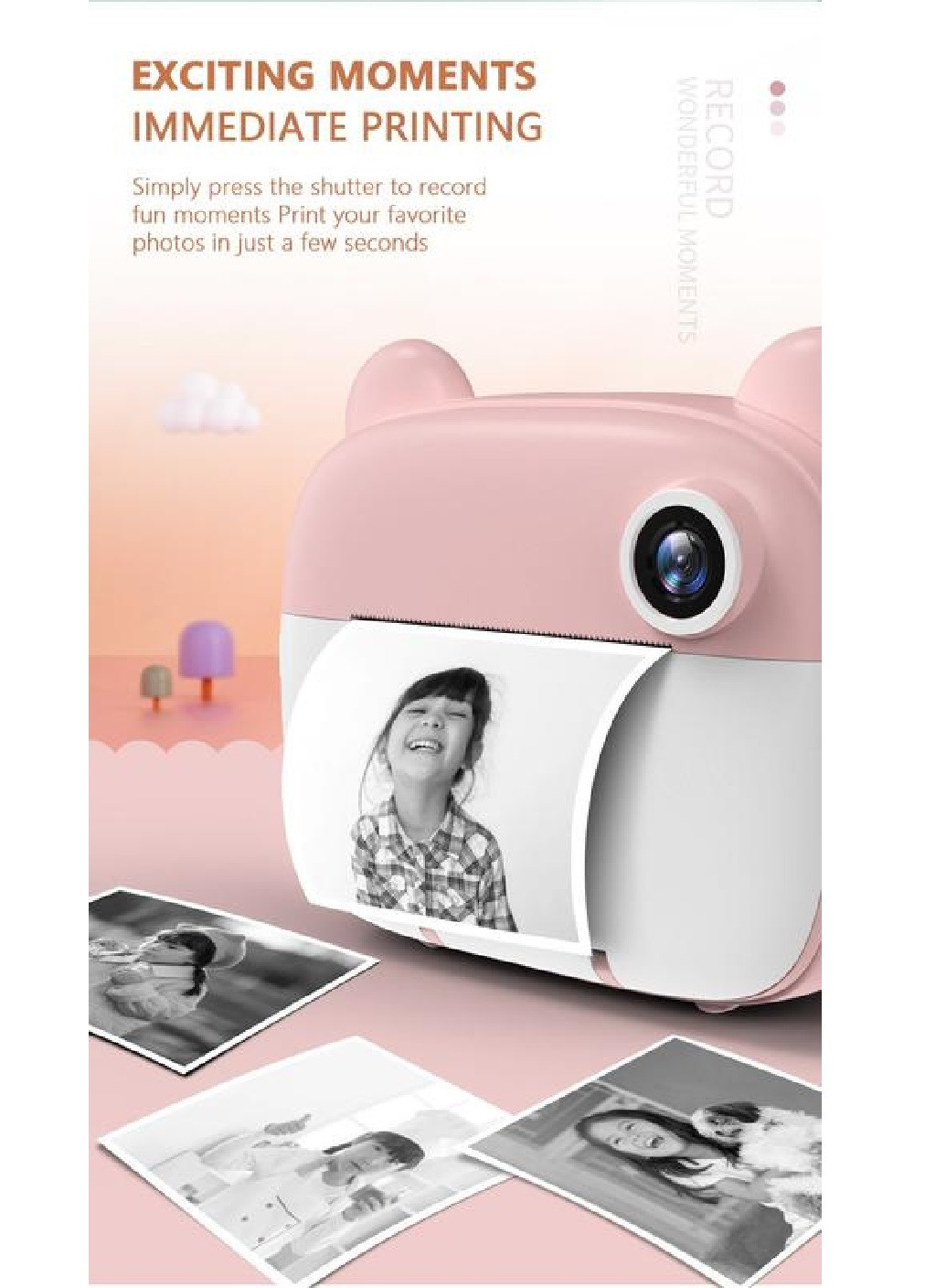 Детский фотоаппарат с мгновенной печатью на термобумаге фронтальной камерой записью видео (476197-Prob) Розовый Unbranded (277234182)