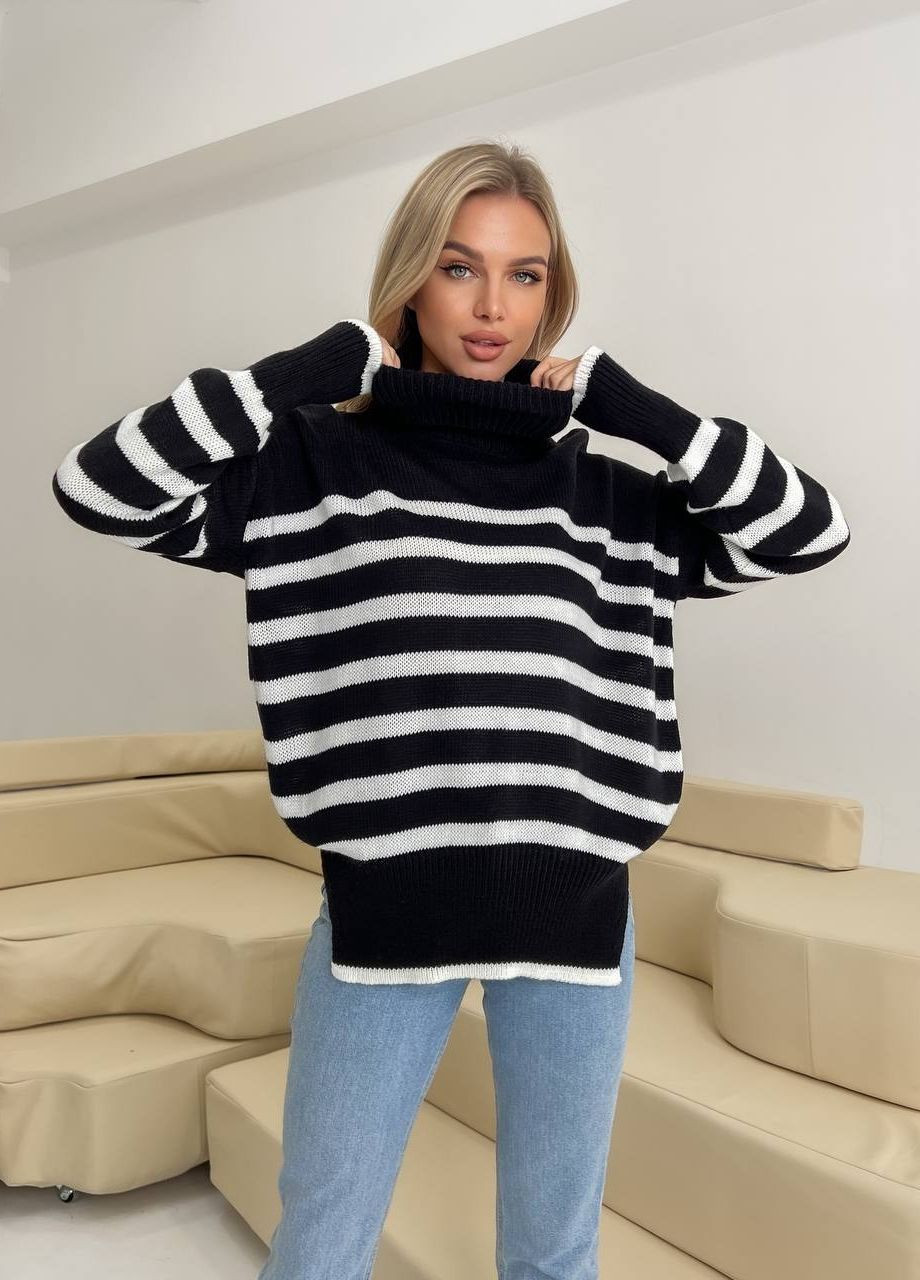 Женский полосатый свитер цвет черный/молочный р.42/46 444016 New Trend (266424143)