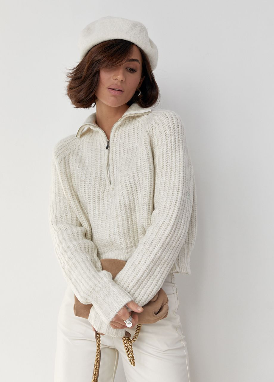 Молочный зимний женский вязаный свитер oversize с воротником на молнии - молочный Lurex