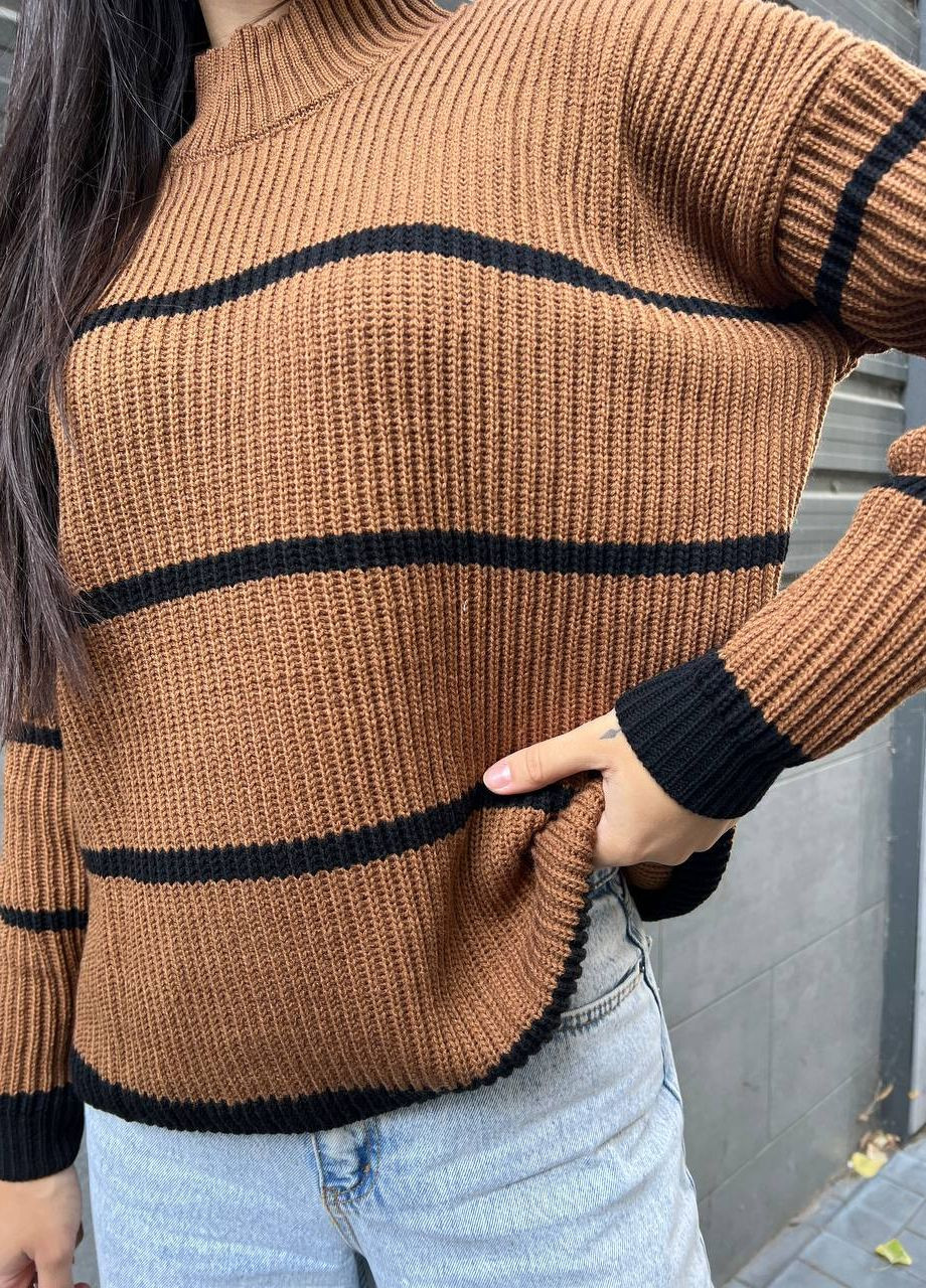 Кофейный демисезонный стильный свитер в полоску No Brand