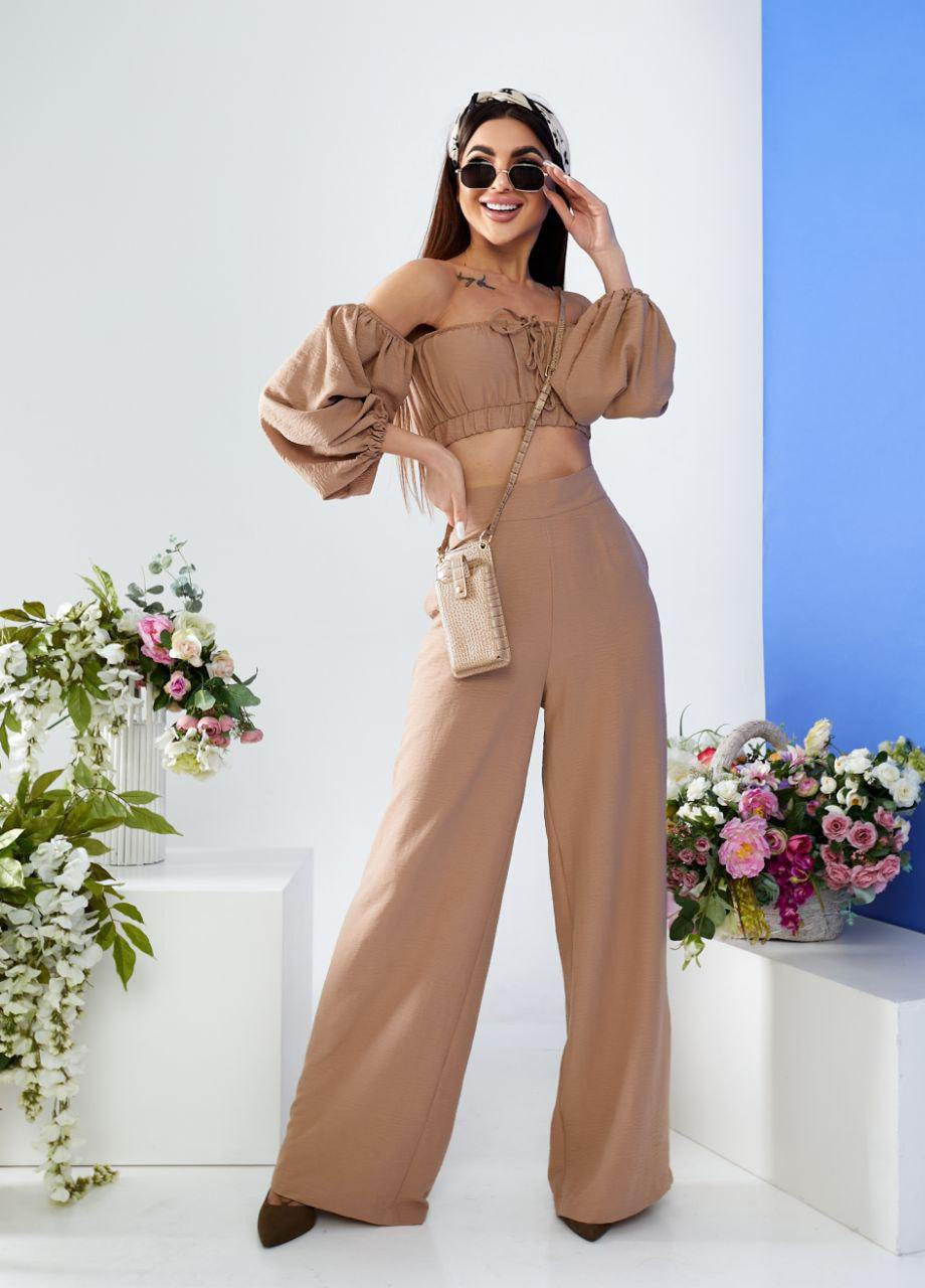 Жіночий костюм топ і штани палаццо кольору капучино р.XS 387272 New Trend (258685407)